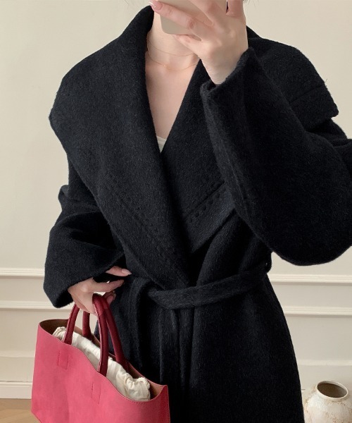 【極美品】 . 黒 . チェスターコート . ウール . ベルト付 コート チェスターコート ウールベルト付きロングコート レディース