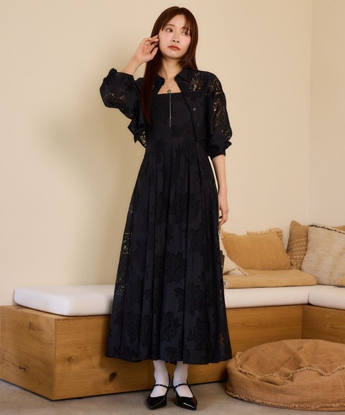 ワンピース 手洗い可能/大人な透け感/セットアイテム レースキャミワンピシャツSET 659251の画像