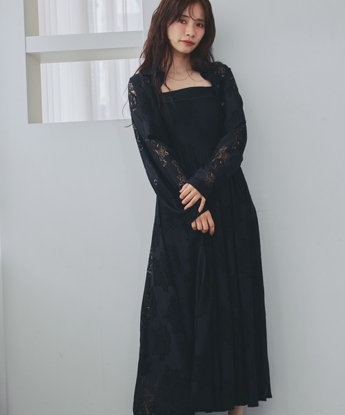 ワンピース 手洗い可能/大人な透け感/セットアイテム レースキャミワンピシャツSET 659251の画像