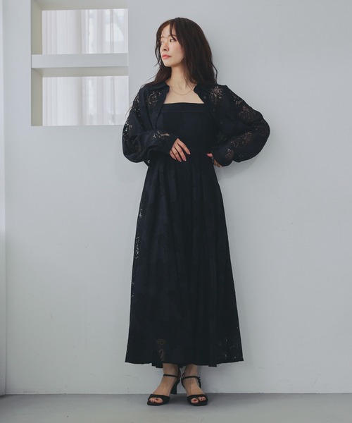 ワンピース 手洗い可能/大人な透け感/セットアイテム レースキャミワンピシャツSET 659251の画像