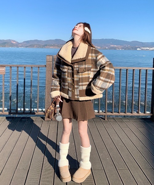 NoBelle ピーコート pコート コートボアジャケット チェック柄アウター