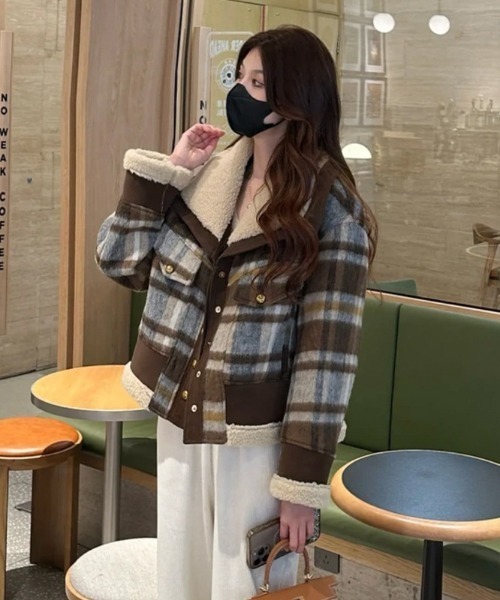 NoBelle ピーコート pコート コートボアジャケット チェック柄アウター