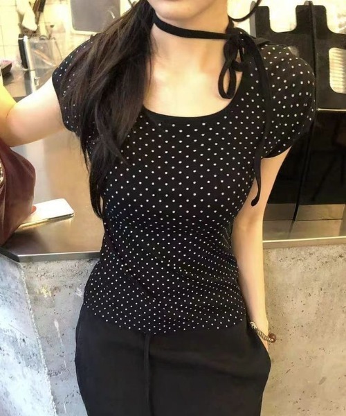 ViViDAY tシャツ 半袖 襟リボン ドット柄半袖tシャツ レディース