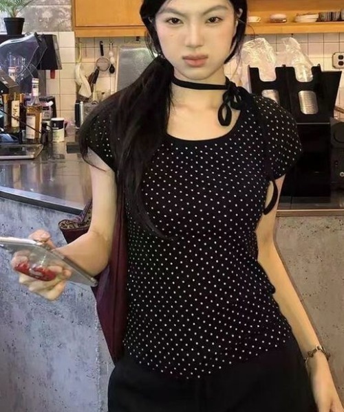 ViViDAY tシャツ 半袖 襟リボン ドット柄半袖tシャツ レディース