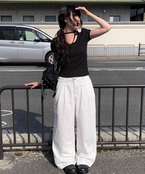 ViViDAY tシャツ 半袖 襟リボン ドット柄半袖tシャツ レディース