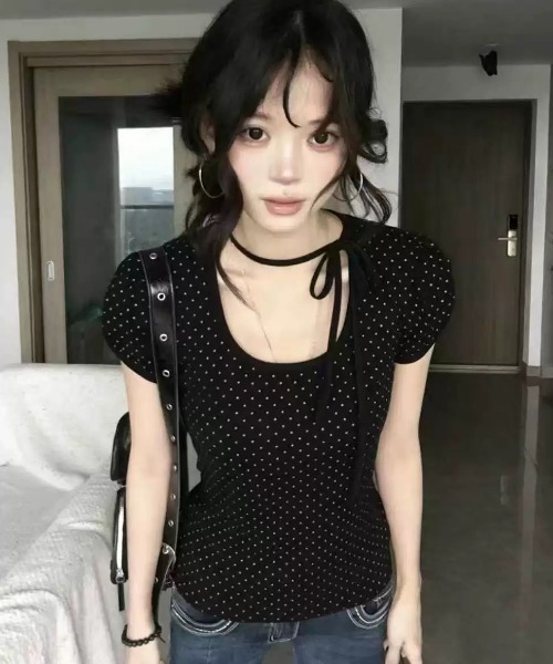 ViViDAY tシャツ 半袖 襟リボン ドット柄半袖tシャツ レディース
