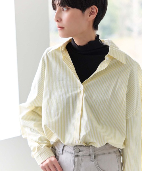 お洒落 綺麗め ストライプ ルーズ シャツ NAVY（ファッション） シャツ ルーズシルエットストライプ L/S