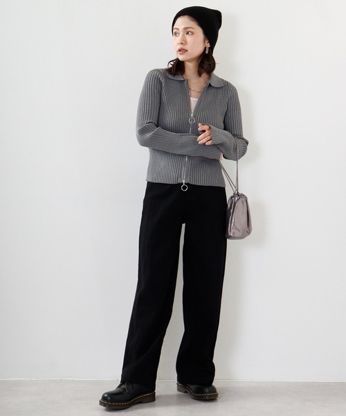 tシャツ 「＆soiree」Wジップ襟付き長袖リブニットトップス(CP) レディース ＆soiree tシャツ 「＆soiree」Wジップ襟付き長袖リブニット