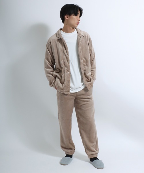 パジャマ マイクロベロアフリース シャツパジャマ上下セット ルーム