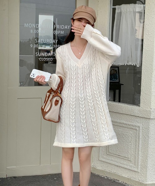 ワンピース Vネック ケーブルニット フレア ミニ丈 : ZOZOTOWN Yahoo