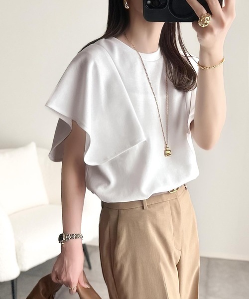 tシャツ 華奢見せにトレンドをプラス。ハンカチスリーブポンチ素材カットソープルオーバー（半袖） レディース | classicalelf | 06