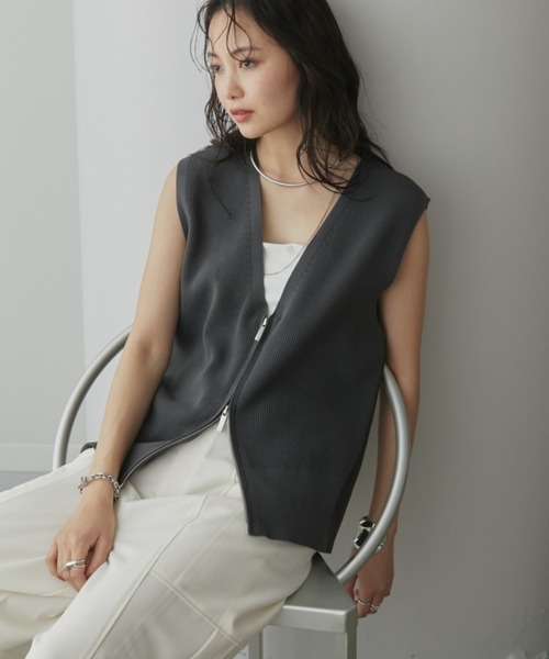 美品✨️慈雨 ジウ ベスト ジレ アシンメトリー リブ ニット ハイカウント 40 Re:EDIT ベスト ジレ ミラノリブAラインフレアニットベスト