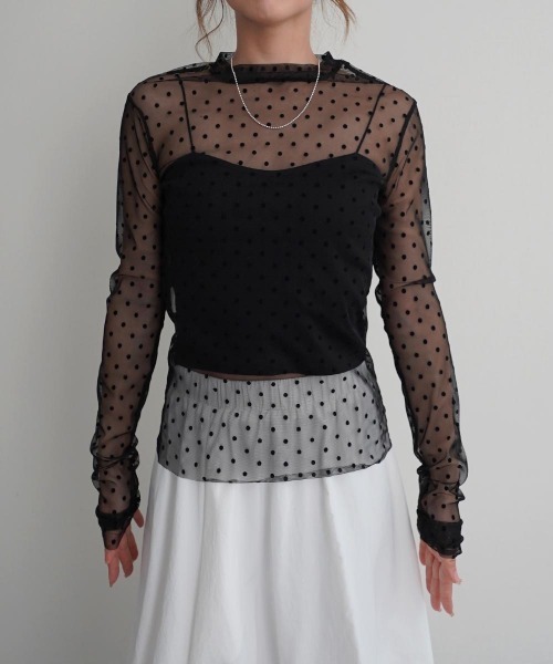 ZARAシースルーポルカドットアップリケシャツ白黒シアーシャツシアーブラウス水玉 ZARA - ZARAシースルーポルカドットアップリケシャツ白黒シアーシャツ