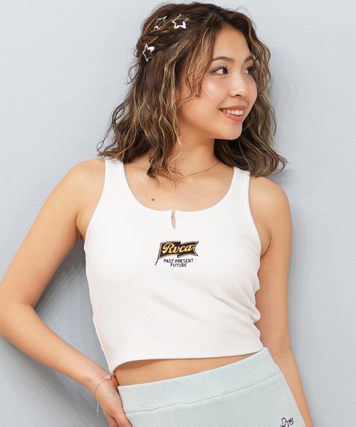 タンクトップ ノースリーブ RVCA/ルーカ タンクトップ リブ 刺繍ロゴ クロップド丈 BF04C-372 レディース