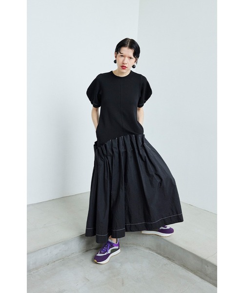 OMMO 半袖 プリーツ切替ワンピース ブラック38 OMMO（オーエムエムオー） ワンピース 半袖 SOLID TUCK OP : ZOZOTOWN