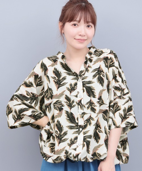 ブラウス シャツ リーフプリントバンドカラーシャツ「大きいサイズ」 レディース