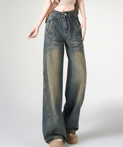 [Achic] обработка Denim брюки M голубой серый женский 