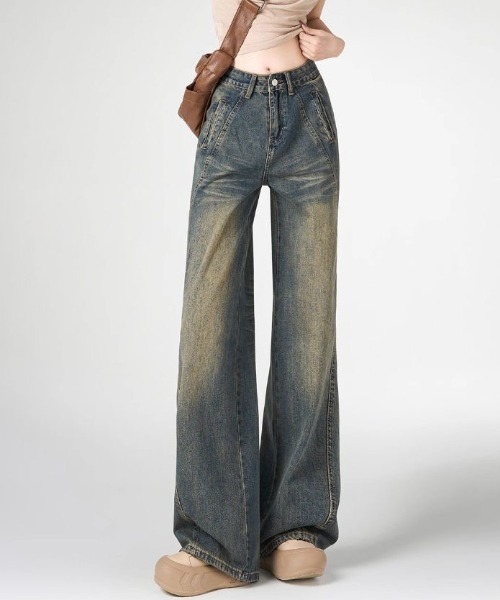 [Achic] обработка Denim брюки M голубой серый женский 