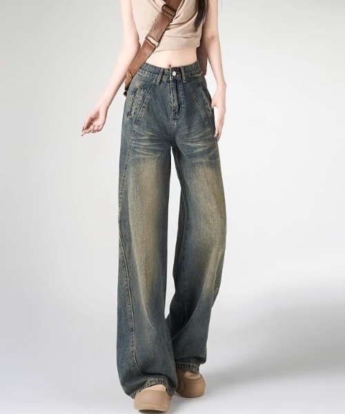 [Achic] обработка Denim брюки M голубой серый женский 