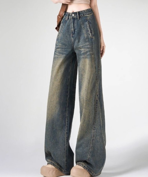 [Achic] обработка Denim брюки M голубой серый женский 