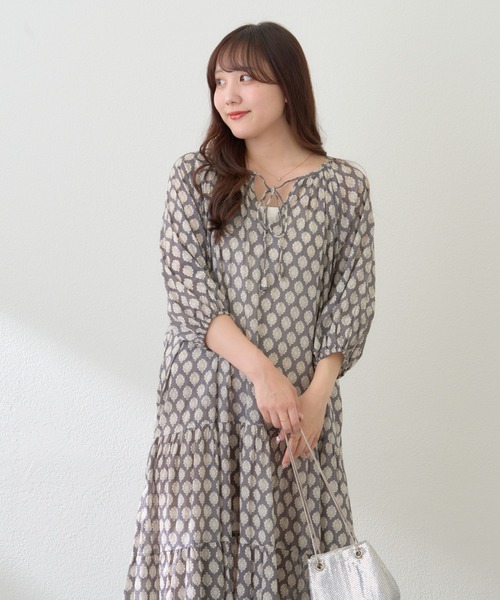 N.Jam マルチプリントワンピース 36 S 黒×アイボリードット柄 プリーツ NAO ワンピース 「インド綿100%」ボイルプリントワンピース