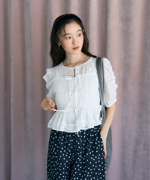 ブラウス シャツ 「前後2WAY」レースティアードシャーリングブラウス レディース earth music&ecology ブラウス シャツ 「前後2WAY」レース