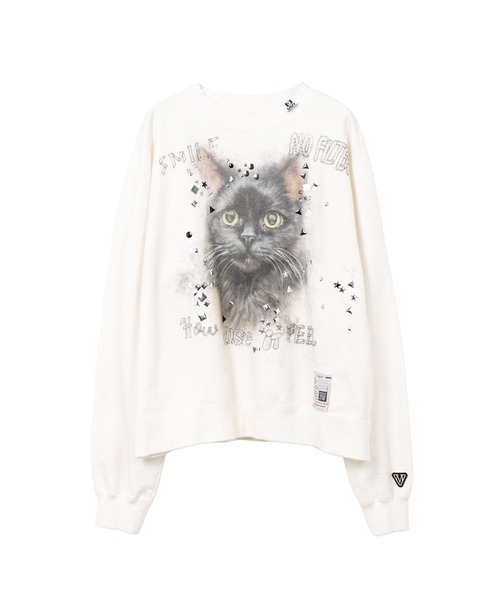 トレーナー スウェット Cat Printed Embellished Distressed Sweatshirt レディース