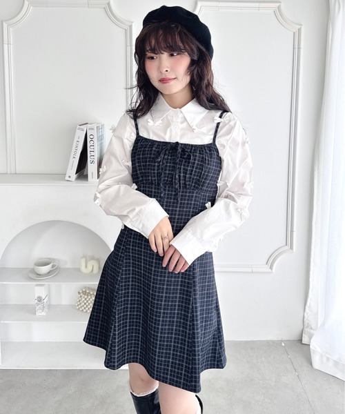 Loueme ワンピース 「チェック＆ドット」フロントリボンミニキャミ