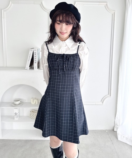 Loueme ワンピース 「チェック＆ドット」フロントリボンミニキャミ