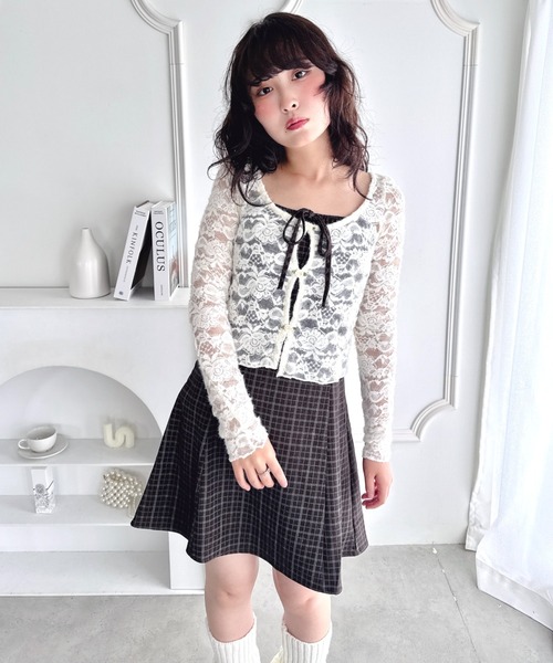 Loueme ワンピース 「チェック＆ドット」フロントリボンミニキャミ