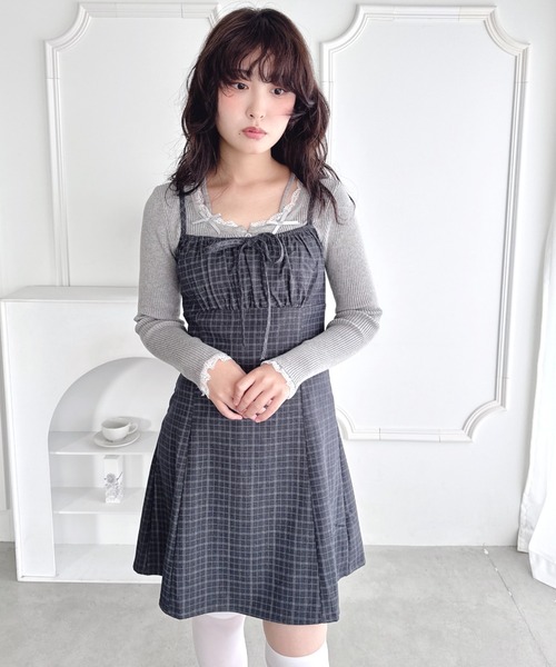 Loueme ワンピース 「チェック＆ドット」フロントリボンミニキャミ