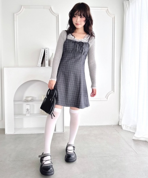 Loueme ワンピース 「チェック＆ドット」フロントリボンミニキャミ