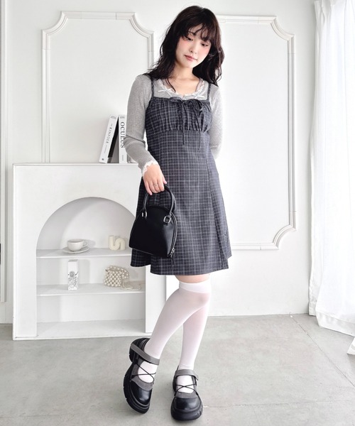 【ルネ】おリボンブローチ付♡ランダムドット♡ワンピース Loueme ワンピース 「チェック＆ドット」フロントリボンミニキャミ