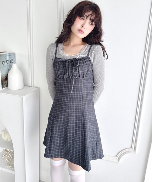 Loueme ワンピース 「チェック＆ドット」フロントリボンミニキャミ