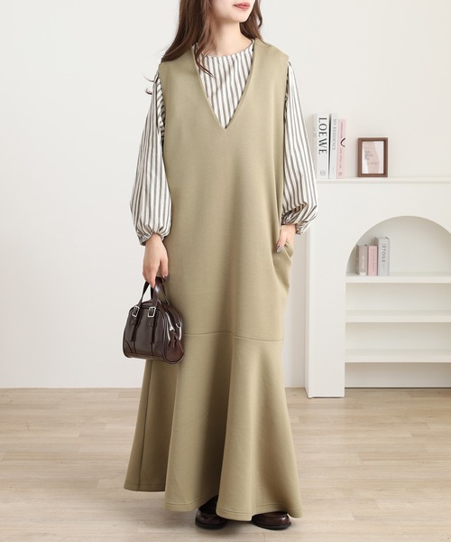 HOUSE OF LOTUS コットン フレア Vネック ワンピース カーキ OMNES（オムネス） ワンピース ソフトダンボール裾フレアVネック