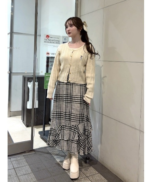 フィント(Fi.n.t) チェックフード付きニットカーディガン＋スカート F i.n.t（フィント） カーディガン シュナウザー刺繍ケーブルニット
