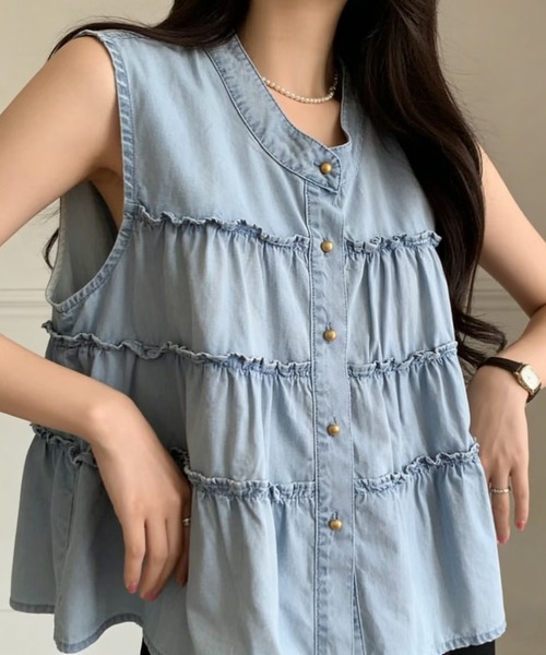 Aelina ブラウス シャツ フリルシングルブレストデニムノースリーブ Aelina ブラウス シャツ フリルシングルブレストデニムノースリーブ