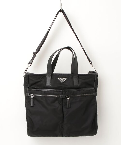 美品✨PRADAプラダ　トートバッグ　ナイロン　ブラック　サフィアーノ　三角ロゴ PRADA（プラダ） 三角ロゴ Re-Nylon xサフィアーノレザー トートバッグ