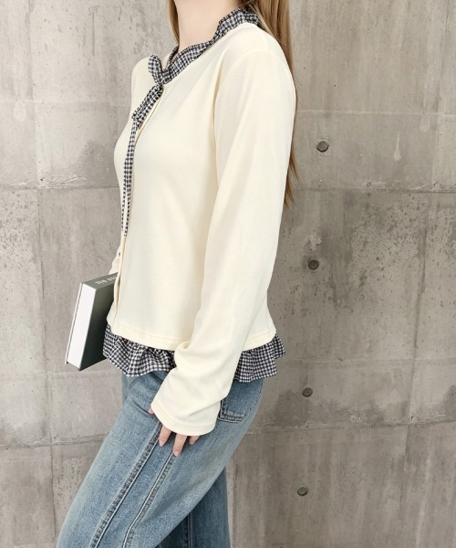 リボン柄 長袖トップス ホワイト/ブルー miniministore（ミニミニストア） tシャツ チェック柄レイヤード風