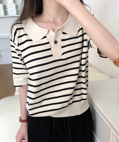 Cider◆ポロ ボーダー 半袖 Tシャツ【送料込み】 Dewlily ポロシャツ ポロ 半袖ボーダーポロシャツ レディース