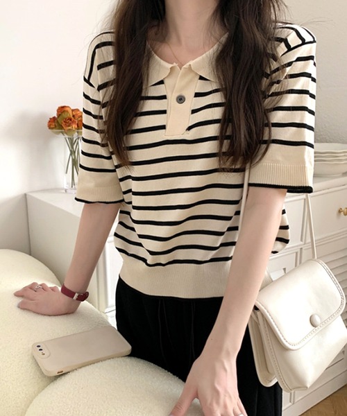 ポロシャツ ポロ 「WOMEN」PURPLE LABEL / 襟ボーダーライン ポロシャツ「DRY・UV・STRETCH」 レディース anyonemore ポロシャツ ポロ ボーダー柄シャーリング襟付き半袖T