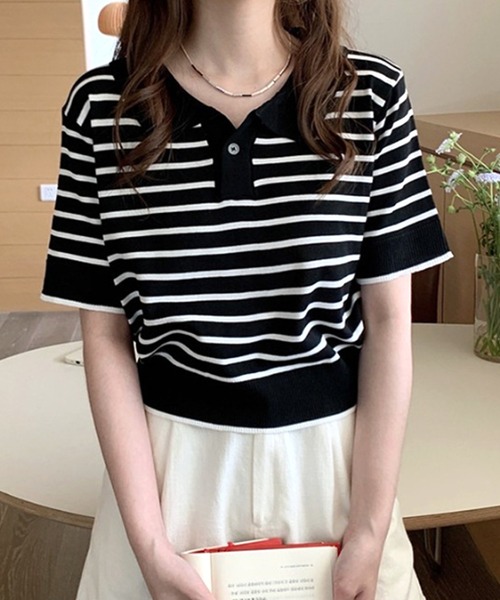 Dewlily ポロシャツ ポロ 半袖ボーダーポロシャツ レディース