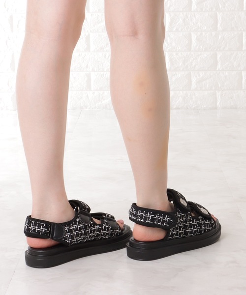 Lace Ladies サンダル ビジュー付き ミックスツイード