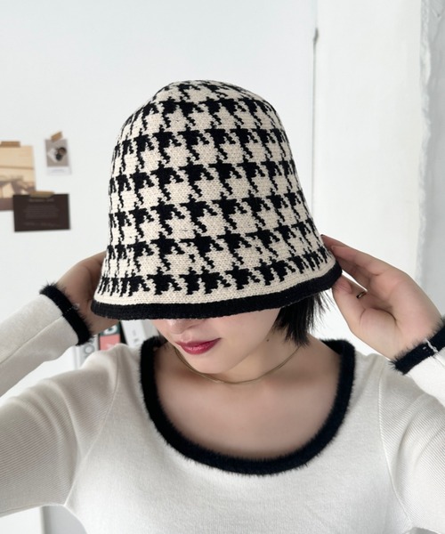 CLEA 帽子 ハット 千鳥柄ニットバケットハット レディース