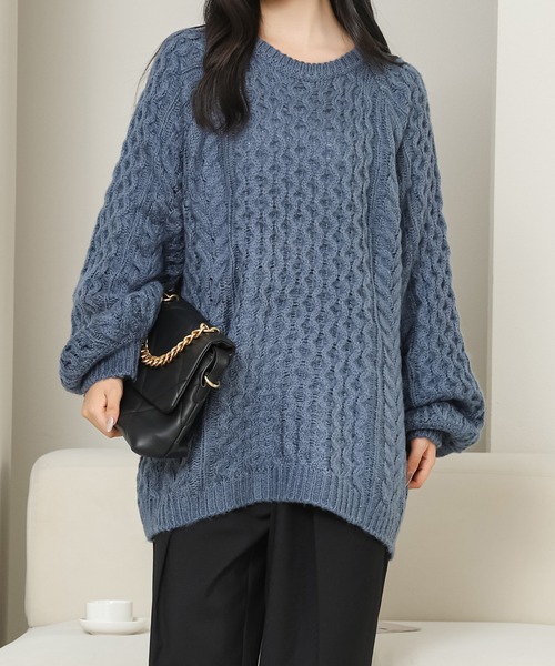 BLACK LABEL ケーブルニット薄手セーター Lace Ladies ニット セーター クルーネック オーバーサイズ
