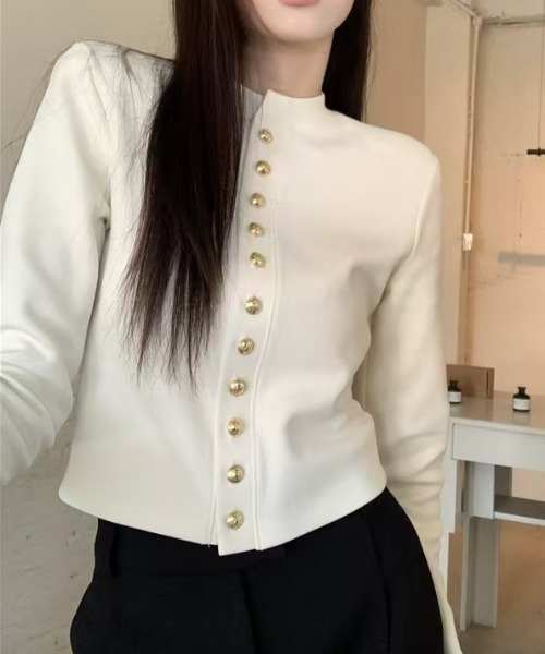♡A♡ページ AsheKsha ブラウス シャツ ゴールドボタン ショート丈ブラウス