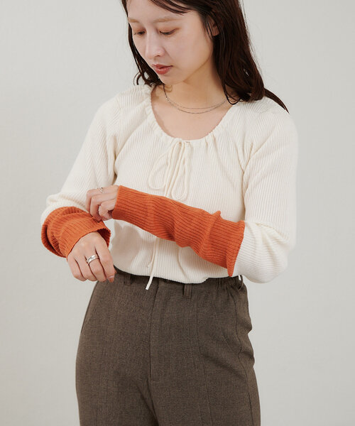 Kastane ニット セーター 「新色追加/6色展開」B 袖配色ギャザー