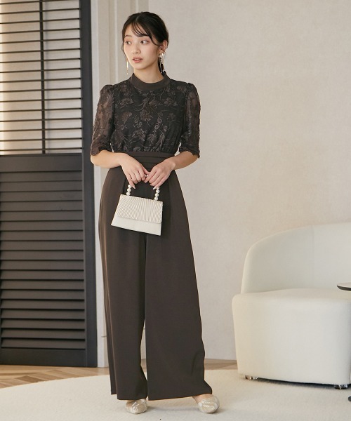 オールインワン　レース　ワイドパンツドレス　バースデーバッシュ PourVous パンツドレス ワイドパンツフォーマルお呼ばれロング丈