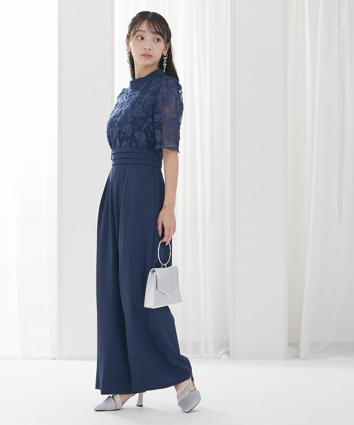 お値下げ中！　結婚式　スタンドカラー　レースオールインワン　パンツドレス 結婚式・パーティードレス】スタンドカラーレースオールインワン