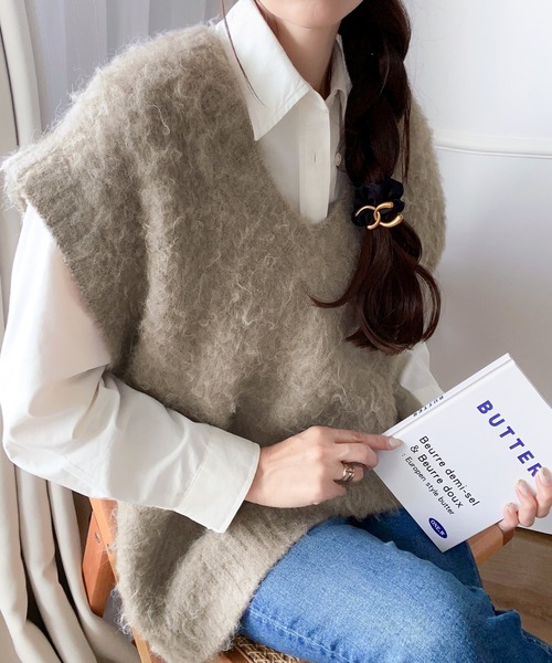 「classicalelf」 ニットベスト SMALL グレイッシュベージュ レディース